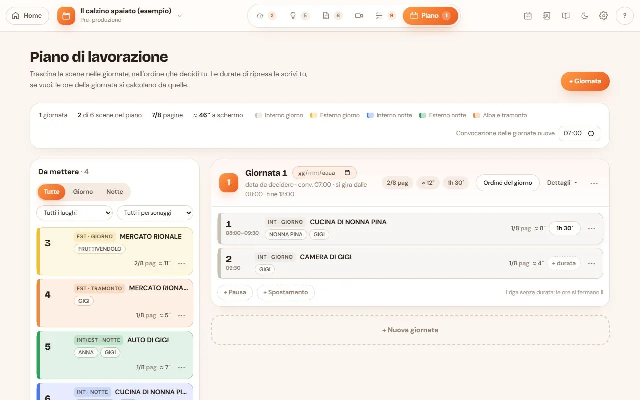Il piano di lavorazione: a sinistra le scene da mettere come strisce colorate, a destra la Giornata 1 con orari, pagine e durate